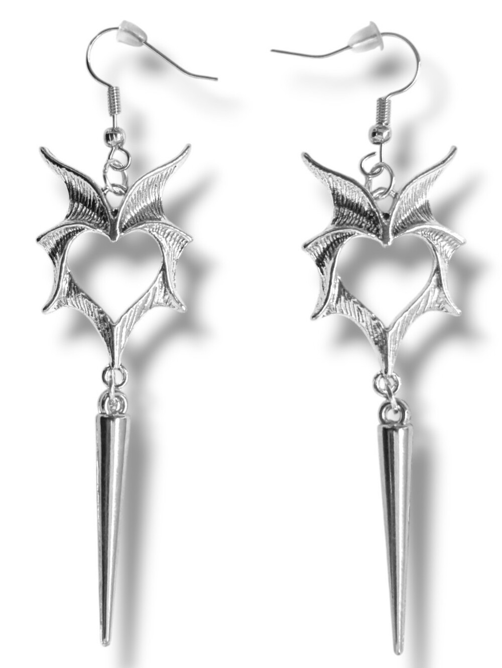 NWT Handmade Silver Bat Wing Earrings with Dangly Silver Spike